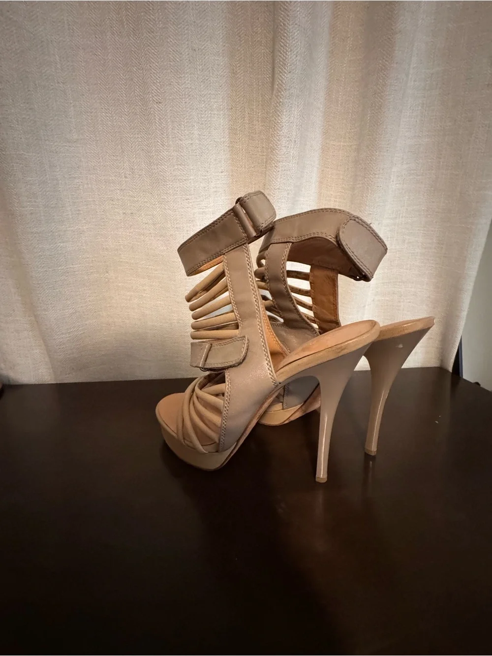 L.A.M.B. Strappy High Heel Sandals in Taupe
